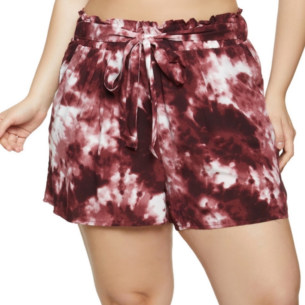 NEW•2X•Zen Bohemian Merlot Tie Dye Maroon Waist Tie Shorts
